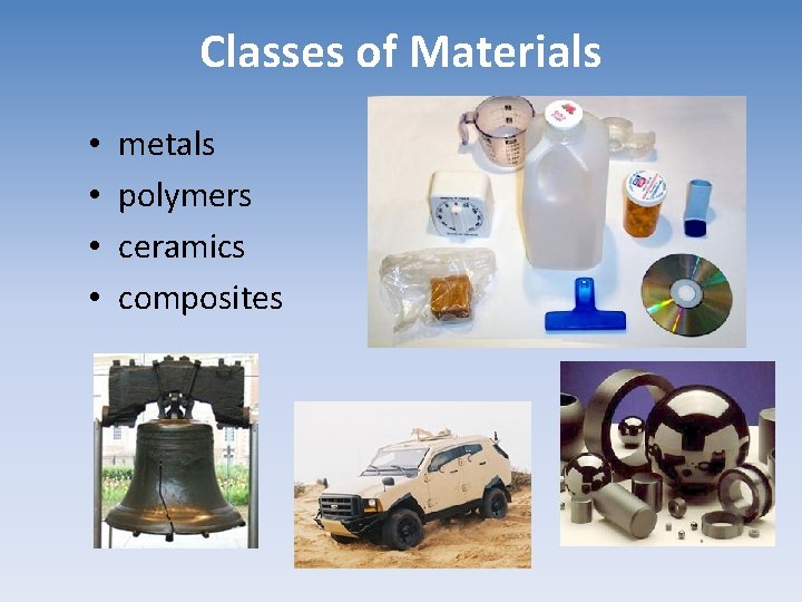 Classes of Materials • • metals polymers ceramics composites 
