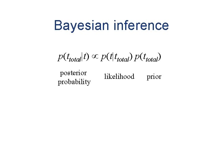 Bayesian inference p(ttotal|t) p(t|ttotal) p(ttotal) posterior probability likelihood prior 