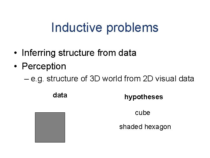 Inductive problems • Inferring structure from data • Perception – e. g. structure of