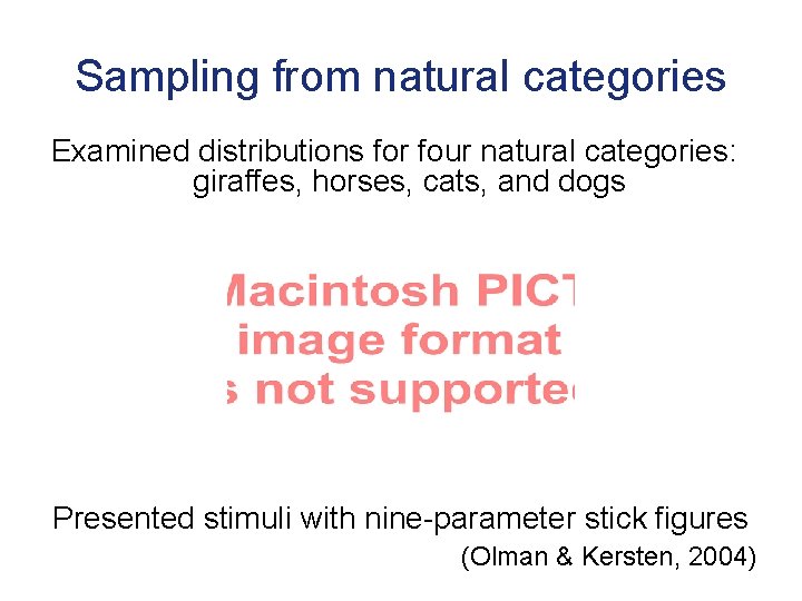 Sampling from natural categories Examined distributions for four natural categories: giraffes, horses, cats, and