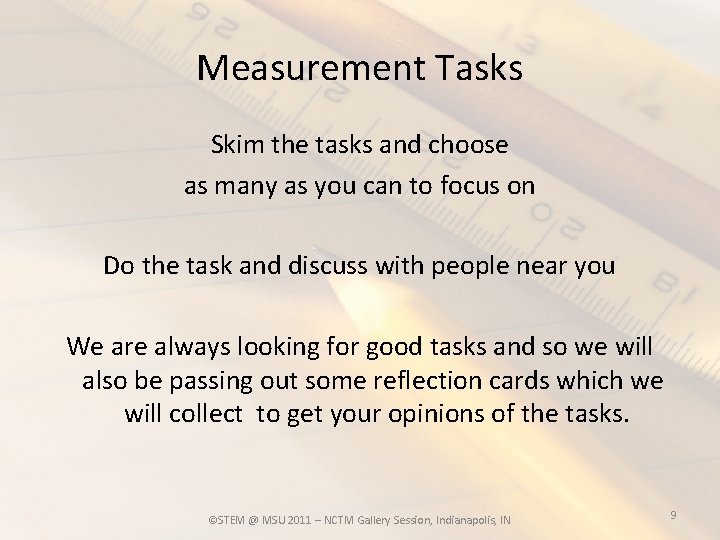 Measurement Tasks Skim the tasks and choose as many as you can to focus
