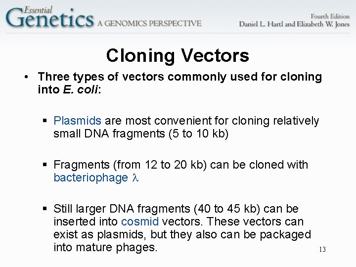 Cloning Vectors • Three types of vectors commonly used for cloning into E. coli:
