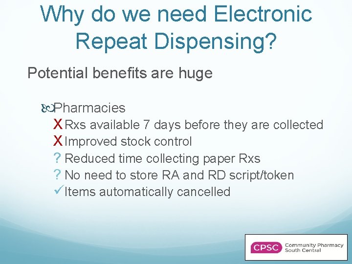 Why do we need Electronic Repeat Dispensing? Potential benefits are huge Pharmacies X Rxs