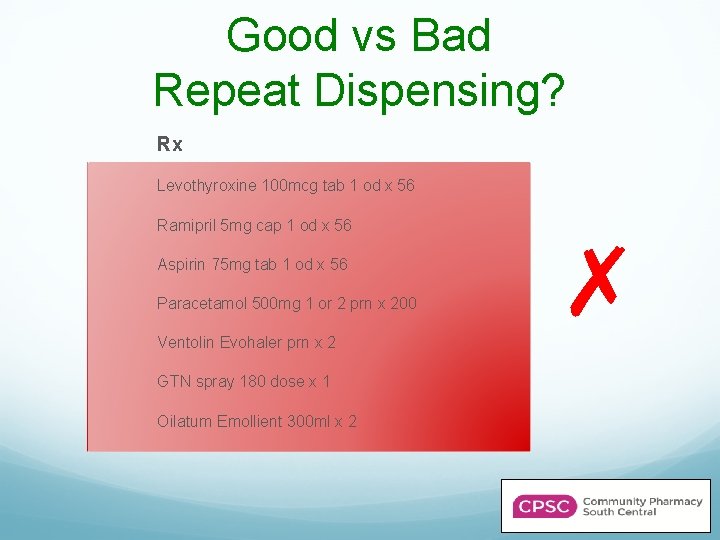 Good vs Bad Repeat Dispensing? Rx Levothyroxine 100 mcg tab 1 od x 56