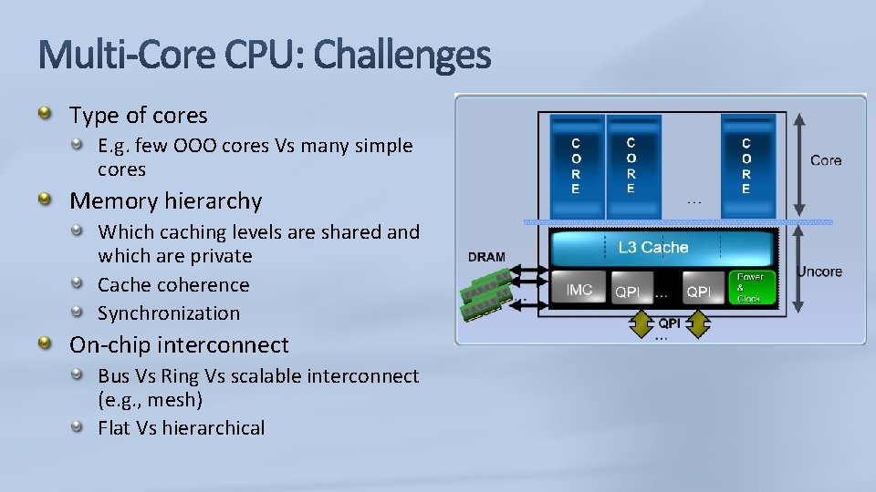 Type of cores E. g. few OOO cores Vs many simple cores Memory hierarchy