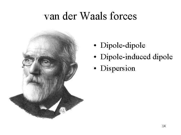 van der Waals forces • Dipole-dipole • Dipole-induced dipole • Dispersion 14 