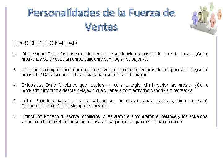 Personalidades de la Fuerza de Ventas TIPOS DE PERSONALIDAD 5. Observador: Darle funciones en Personalidades de la Fuerza de Ventas TIPOS DE PERSONALIDAD 5. Observador: Darle funciones en