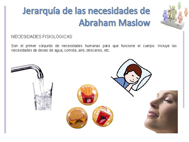 Jerarquía de las necesidades de Abraham Maslow NECESIDADES FISIOLÓGICAS Son el primer conjunto de Jerarquía de las necesidades de Abraham Maslow NECESIDADES FISIOLÓGICAS Son el primer conjunto de
