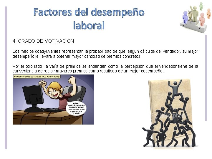 Factores del desempeño laboral 4. GRADO DE MOTIVACIÓN Los medios coadyuvantes representan la probabilidad Factores del desempeño laboral 4. GRADO DE MOTIVACIÓN Los medios coadyuvantes representan la probabilidad
