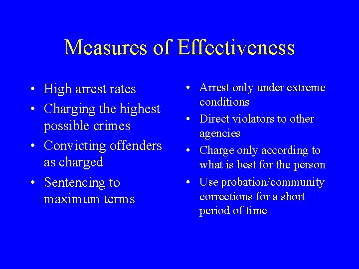 Measures of Effectiveness • High arrest rates • Charging the highest possible crimes •