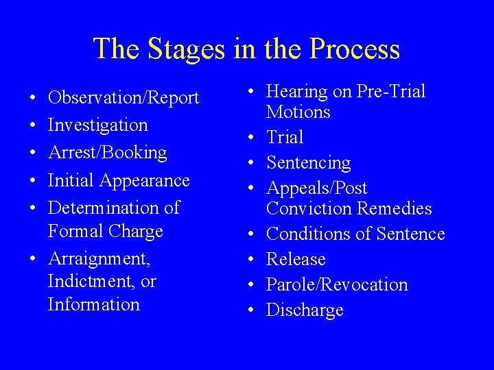 The Stages in the Process • • • Observation/Report Investigation Arrest/Booking Initial Appearance Determination