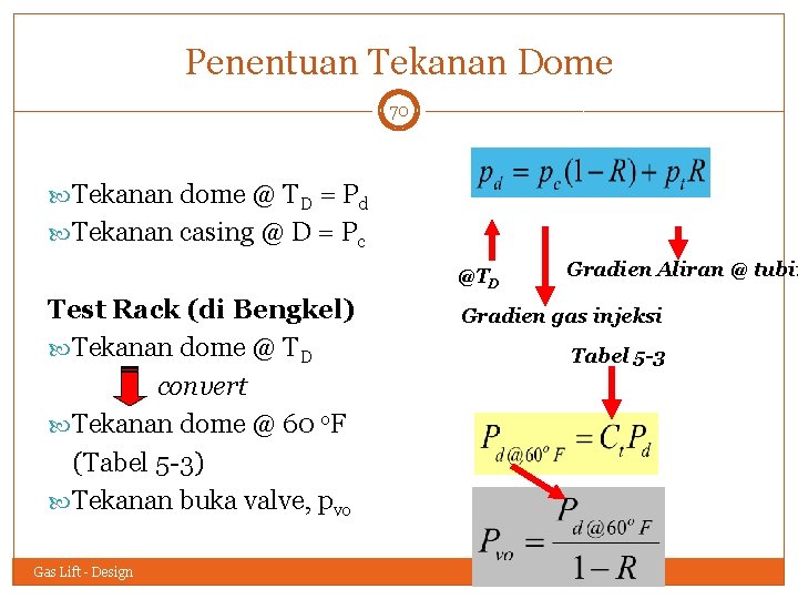 Penentuan Tekanan Dome 70 Tekanan dome @ TD = Pd Tekanan casing @ D