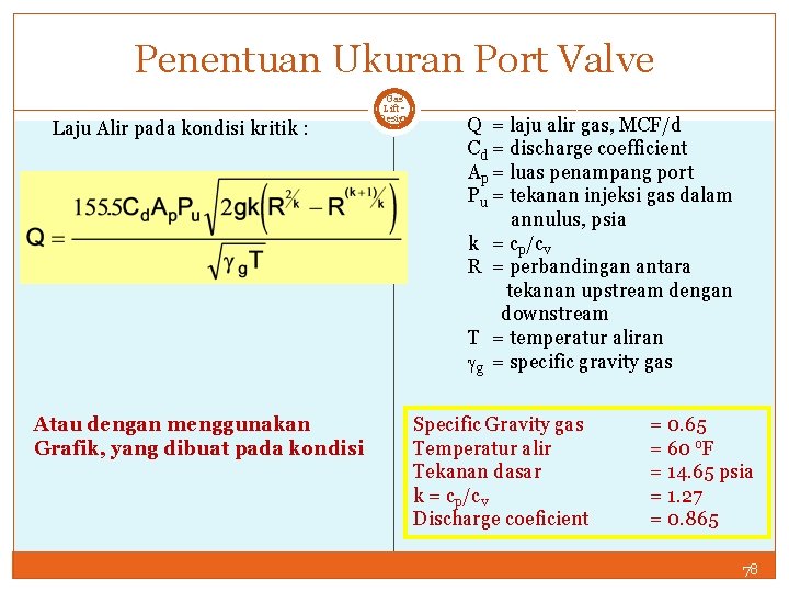Penentuan Ukuran Port Valve Laju Alir pada kondisi kritik : Atau dengan menggunakan Grafik,