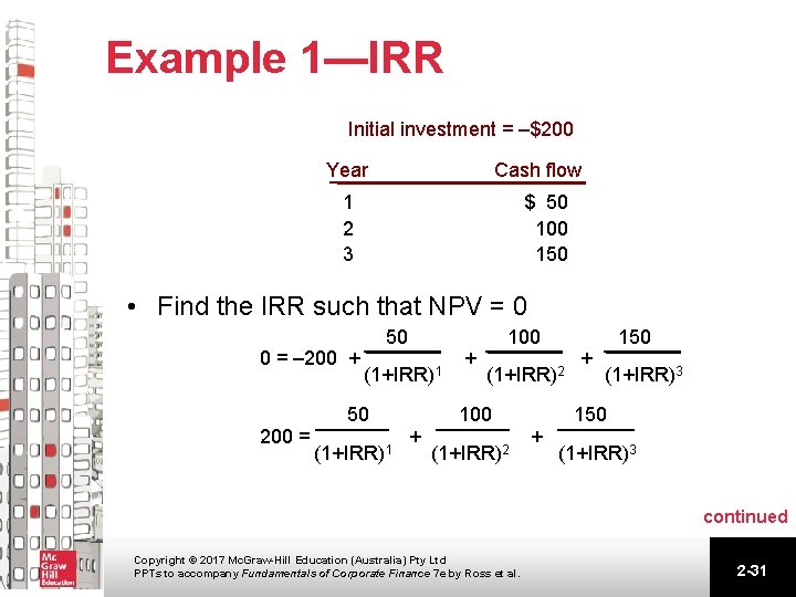 Example 1—IRR Initial investment = –$200 Year Cash flow 1 2 3 $ 50