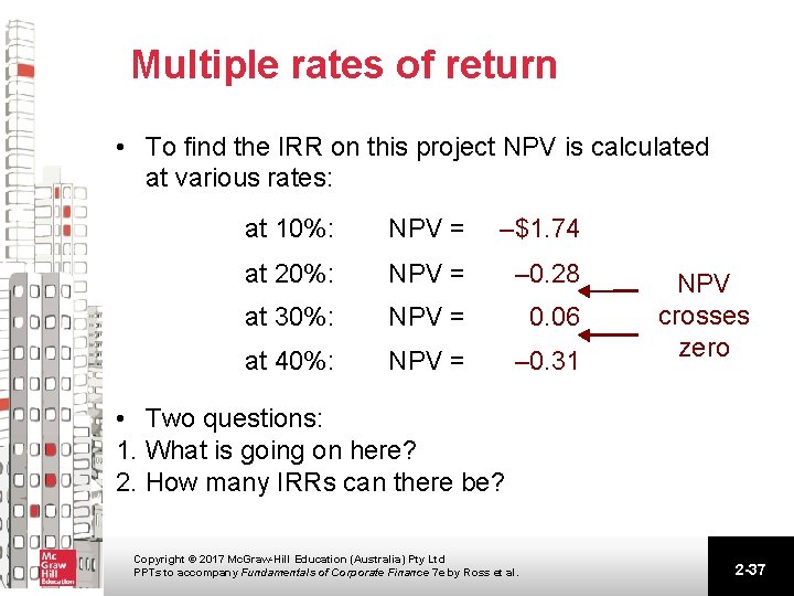 Multiple rates of return • To find the IRR on this project NPV is