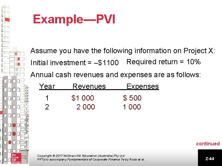 Example—PVI Assume you have the following information on Project X: Initial investment = –$1100