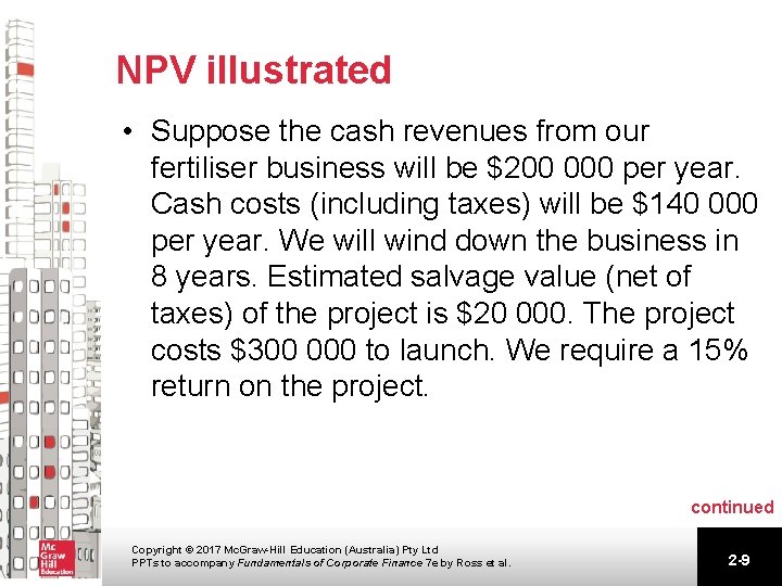 NPV illustrated • Suppose the cash revenues from our fertiliser business will be $200