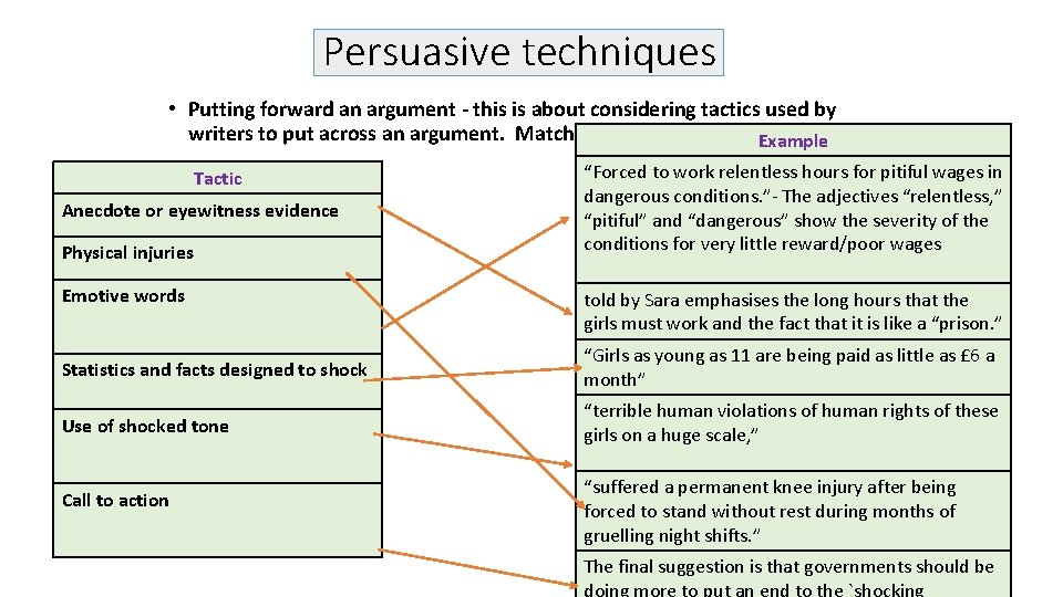 Persuasive techniques • Putting forward an argument - this is about considering tactics used