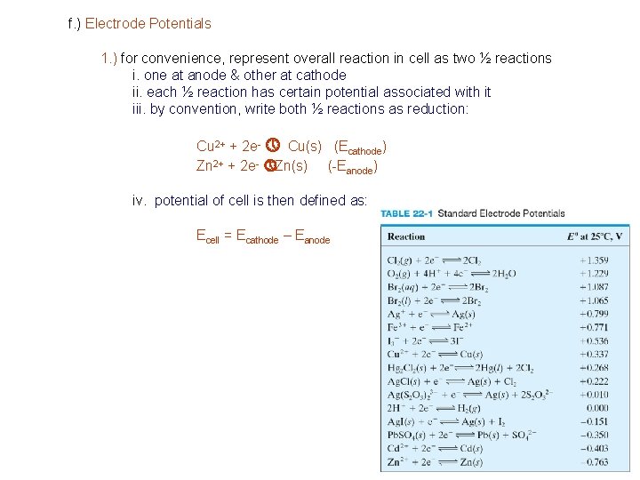 f. ) Electrode Potentials 1. ) for convenience, represent overall reaction in cell as