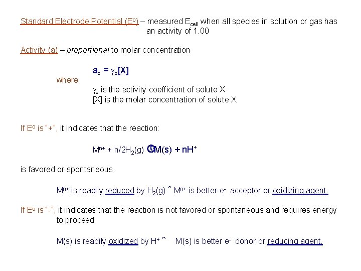Standard Electrode Potential (Eo) – measured Ecell when all species in solution or gas