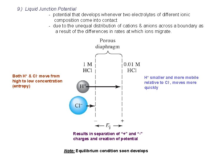 9. ) Liquid Junction Potential - potential that develops whenever two electrolytes of different