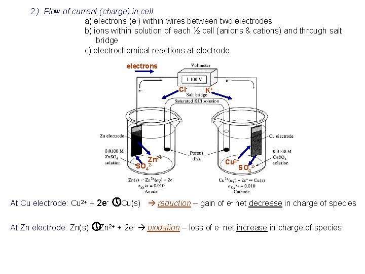 2. ) Flow of current (charge) in cell: a) electrons (e-) within wires between