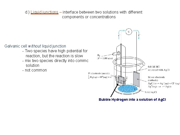 d. ) Liquid junctions – interface between two solutions with different components or concentrations