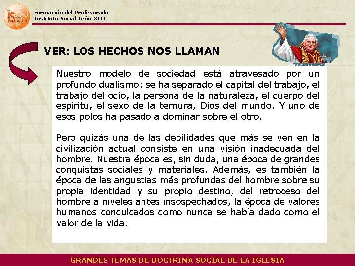 Formación del Profesorado Instituto Social León XIII VER: LOS HECHOS NOS LLAMAN Nuestro modelo