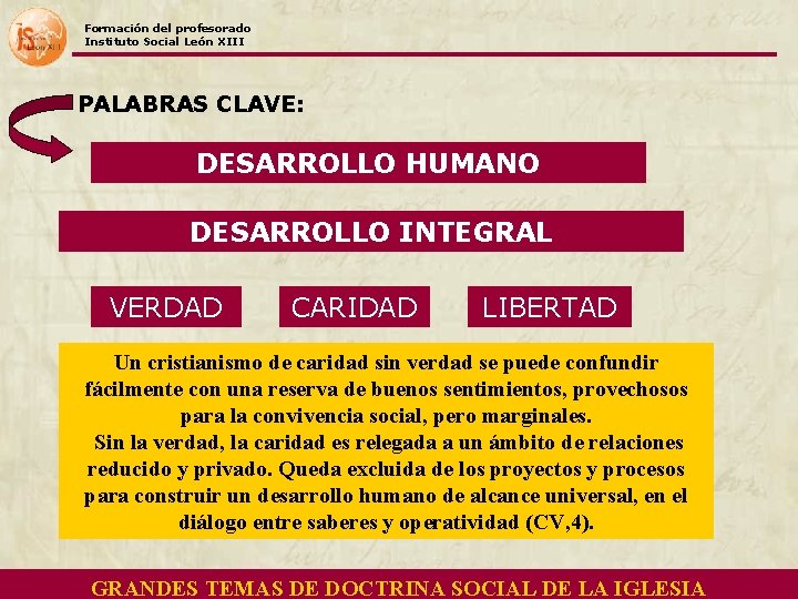 Formación del profesorado Instituto Social León XIII PALABRAS CLAVE: DESARROLLO HUMANO DESARROLLO INTEGRAL VERDAD