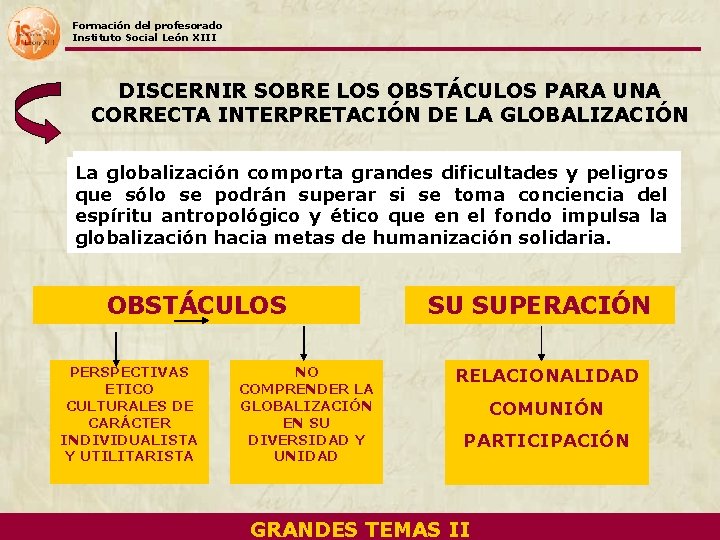 Formación del profesorado Instituto Social León XIII DISCERNIR SOBRE LOS OBSTÁCULOS PARA UNA CORRECTA