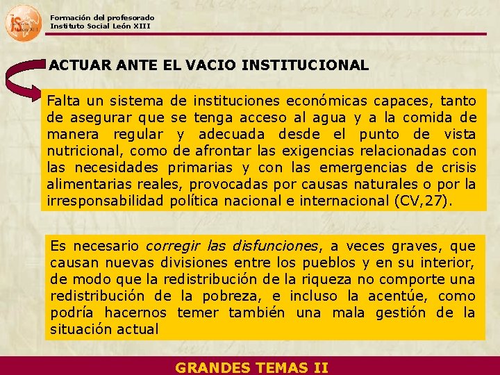 Formación del profesorado Instituto Social León XIII ACTUAR ANTE EL VACIO INSTITUCIONAL Falta un