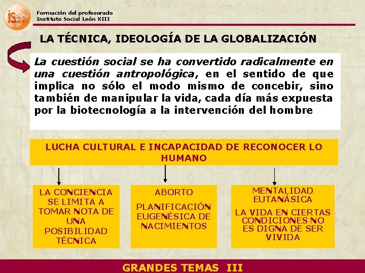 Formación del profesorado Instituto Social León XIII LA TÉCNICA, IDEOLOGÍA DE LA GLOBALIZACIÓN La