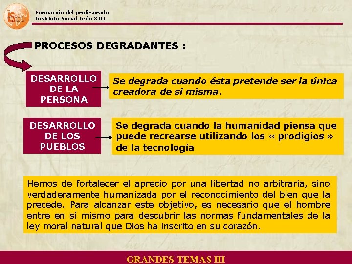 Formación del profesorado Instituto Social León XIII PROCESOS DEGRADANTES : DESARROLLO DE LA PERSONA