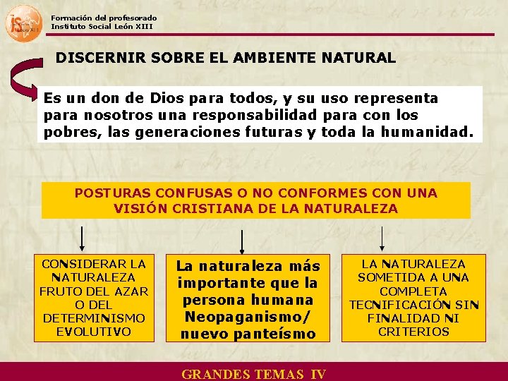 Formación del profesorado Instituto Social León XIII DISCERNIR SOBRE EL AMBIENTE NATURAL Es un