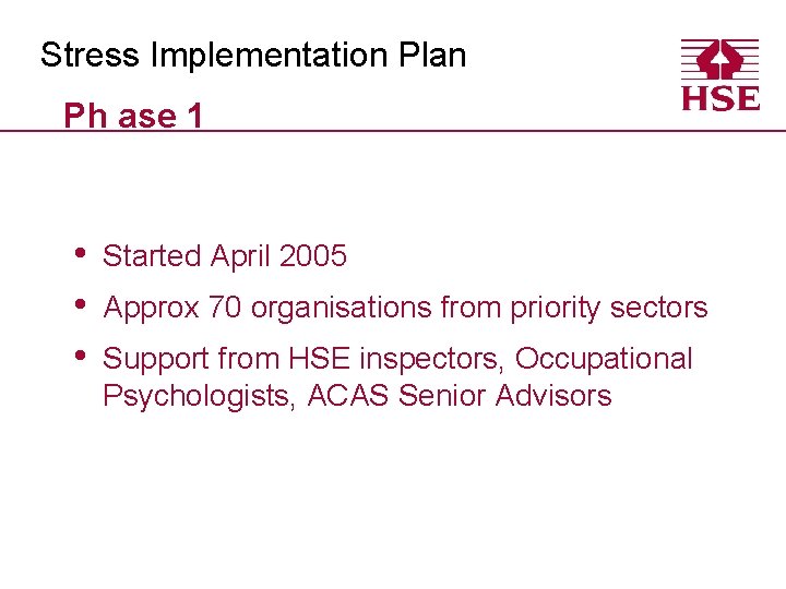 Stress Implementation Plan Ph ase 1 • • • Started April 2005 Approx 70