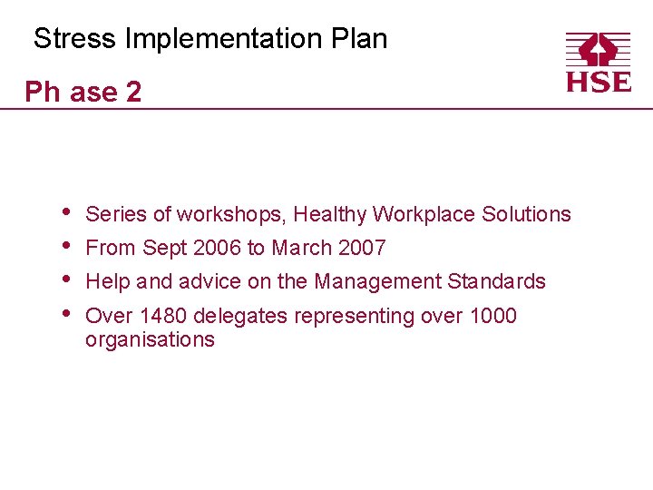 Stress Implementation Plan Ph ase 2 • • Series of workshops, Healthy Workplace Solutions