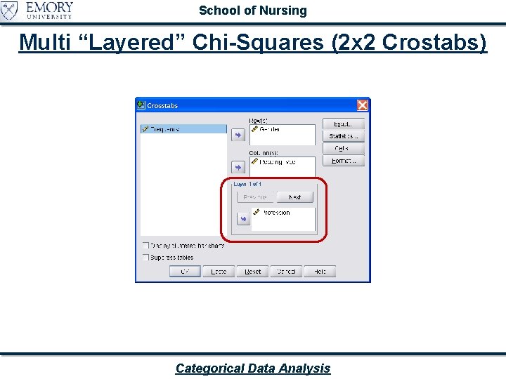 School of Nursing Multi “Layered” Chi-Squares (2 x 2 Crostabs) Categorical Data Analysis 