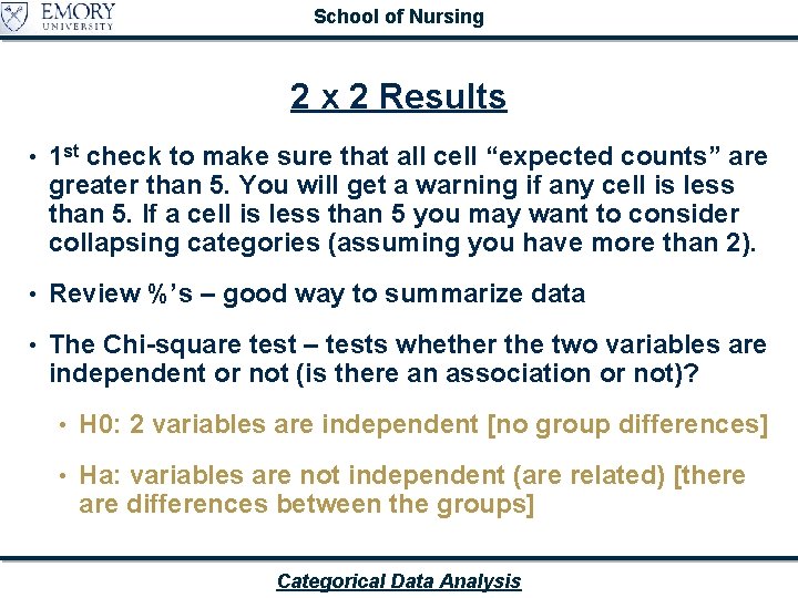School of Nursing 2 x 2 Results • 1 st check to make sure School of Nursing 2 x 2 Results • 1 st check to make sure