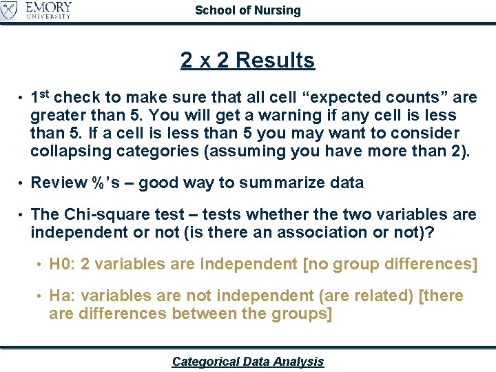 School of Nursing 2 x 2 Results • 1 st check to make sure