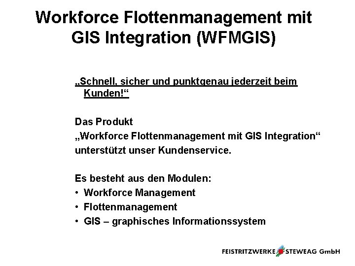 Workforce Flottenmanagement mit GIS Integration (WFMGIS) „Schnell, sicher und punktgenau jederzeit beim Kunden!“ Das