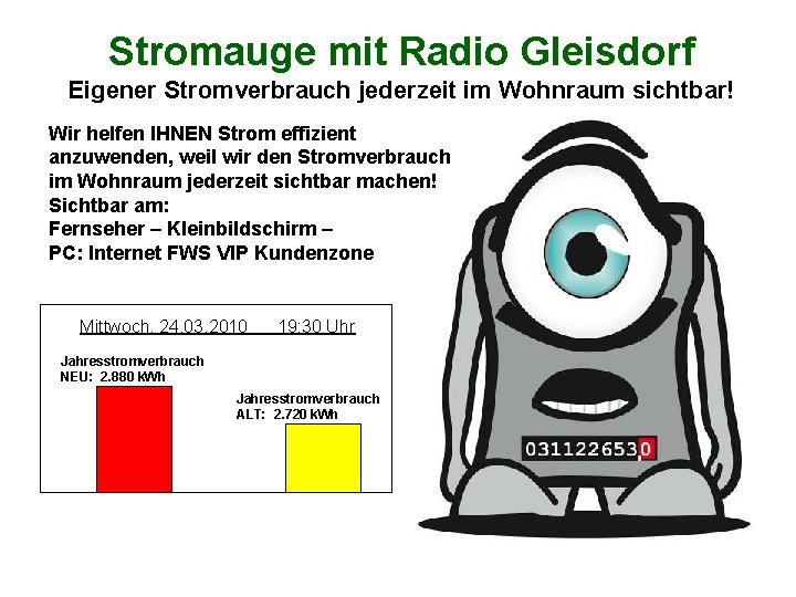 Stromauge mit Radio Gleisdorf Eigener Stromverbrauch jederzeit im Wohnraum sichtbar! Wir helfen IHNEN Strom