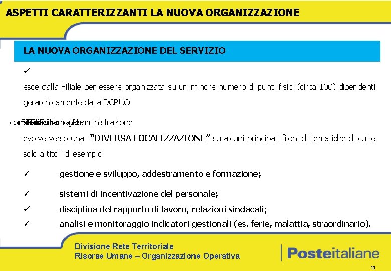 ASPETTI CARATTERIZZANTI LA NUOVA ORGANIZZAZIONE DEL SERVIZIO ü esce dalla Filiale per essere organizzata