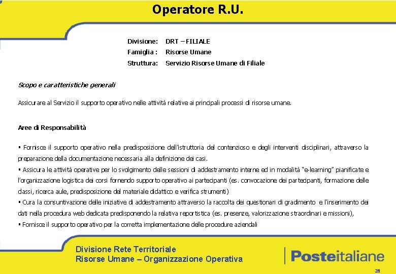 Operatore R. U. Divisione: DRT – FILIALE Famiglia : Risorse Umane Struttura: Servizio Risorse