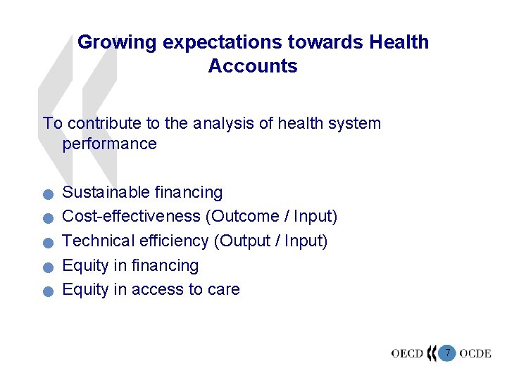 Growing expectations towards Health Accounts To contribute to the analysis of health system performance