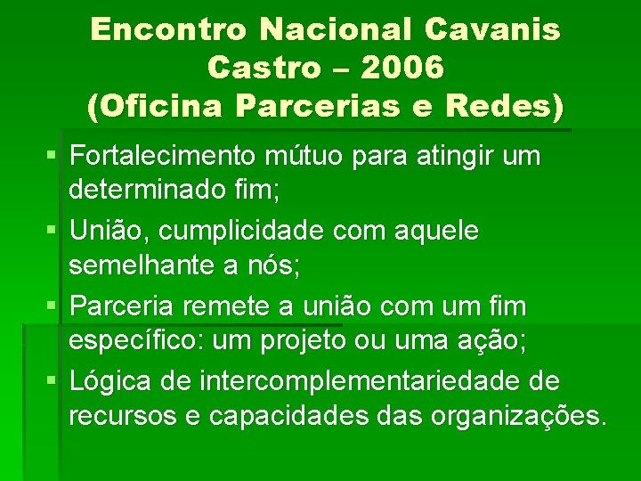 Encontro Nacional Cavanis Castro – 2006 (Oficina Parcerias e Redes) § Fortalecimento mútuo para