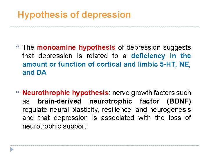 Hypothesis of depression The monoamine hypothesis of depression suggests that depression is related to Hypothesis of depression The monoamine hypothesis of depression suggests that depression is related to