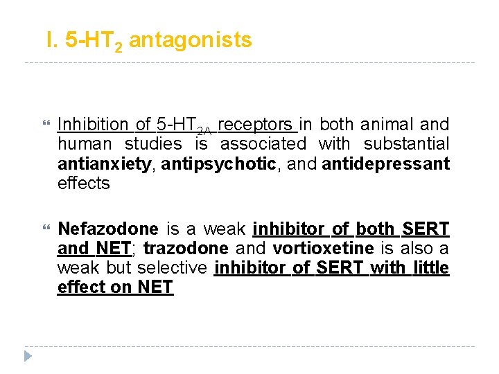I. 5 -HT 2 antagonists Inhibition of 5 -HT 2 A receptors in both I. 5 -HT 2 antagonists Inhibition of 5 -HT 2 A receptors in both