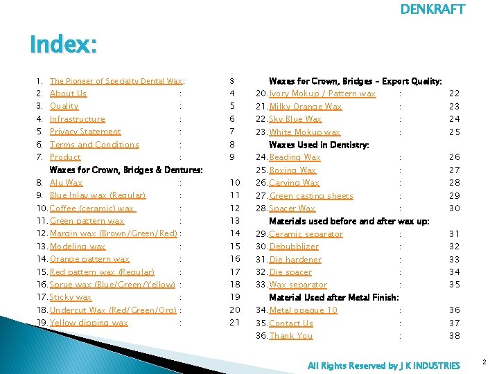 DENKRAFT Index: 1. The Pioneer of Specialty Dental Wax: 3 2. About Us 4