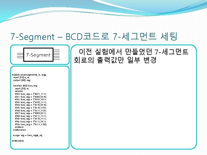 7 -Segment – BCD코드로 7 -세그먼트 세팅 7 -Segment module sevensegment(a_in, seg); input [3: