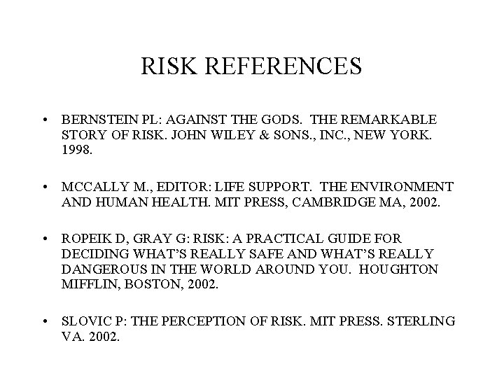 RISK REFERENCES • BERNSTEIN PL: AGAINST THE GODS. THE REMARKABLE STORY OF RISK. JOHN RISK REFERENCES • BERNSTEIN PL: AGAINST THE GODS. THE REMARKABLE STORY OF RISK. JOHN